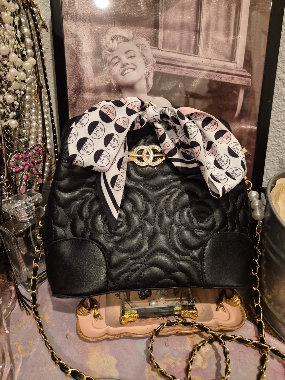 Black Quilted Camellia Crossbody Adorned with A CHANEL Pink & Cream Scarf